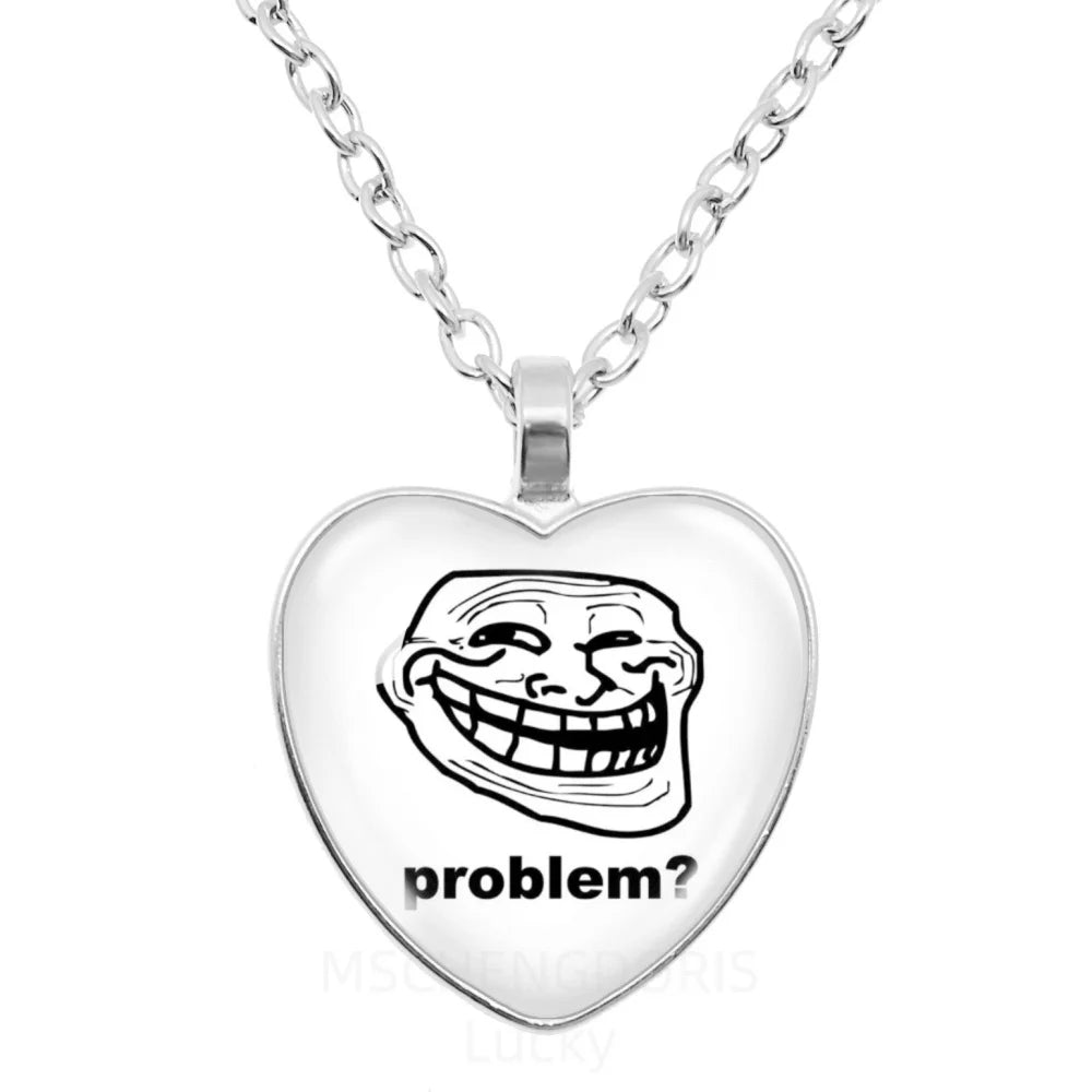 Rage Comic Necklace Derp Face Trollface Funny Meme Cartoon Glass Heart Shape Pendant Cha detail view
