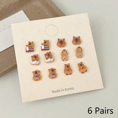 Kawaii 6Pairs Capybara Earrings Set, Cute Cartoon Fashion Accessory for Women and Girls