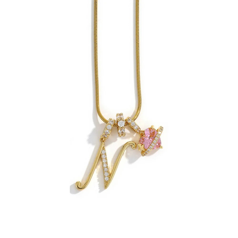 Gold Color Zircon Flower Pendant Necklace Female A-Z 26 Letter Alphabet Wedding Jew additional angle