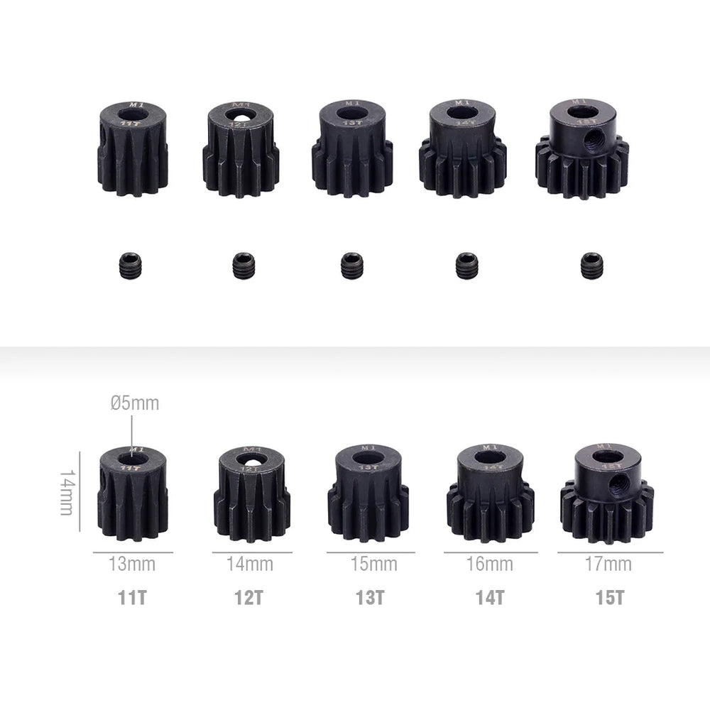 M1 5mm 11T 12T 14T 15T 17T 18T 20T 21T 22T 24T 25T 26T 28T 30T Steel Metal Pinion Moto close-up view