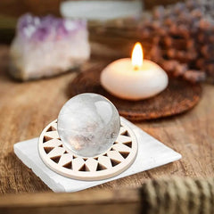 Wooden Crystal Ball Holder Stand | Hollow Sunflower Design Display close-up view