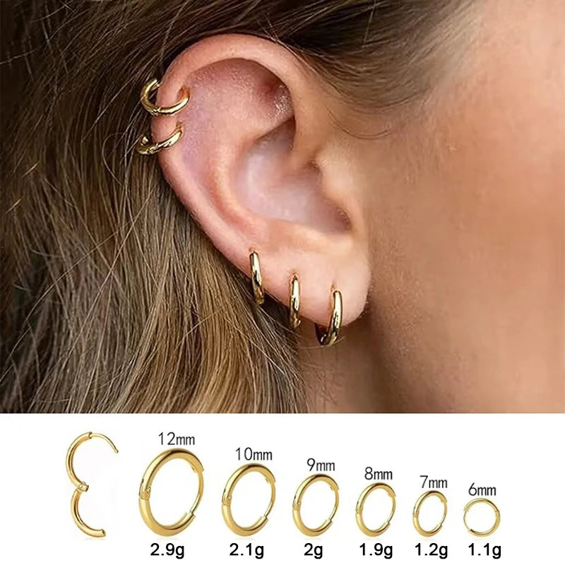 Huitan Glossy Minimalist Hoop Earrings Chic 6mm/7mm/8mm/9mm/10mm/12mm Ear Piercing additional angle