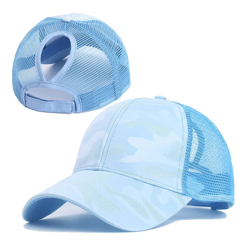 Camouflage Mesh Trucker Hat for Women | Snapback Cap with Ponytail Hole lifestyle view