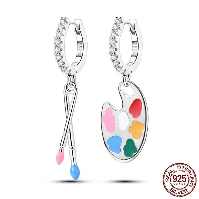 Luminous Shell Women Earrings Original 925 Sterling Silver Pave CZ Star Moon Hoop Earr close-up view