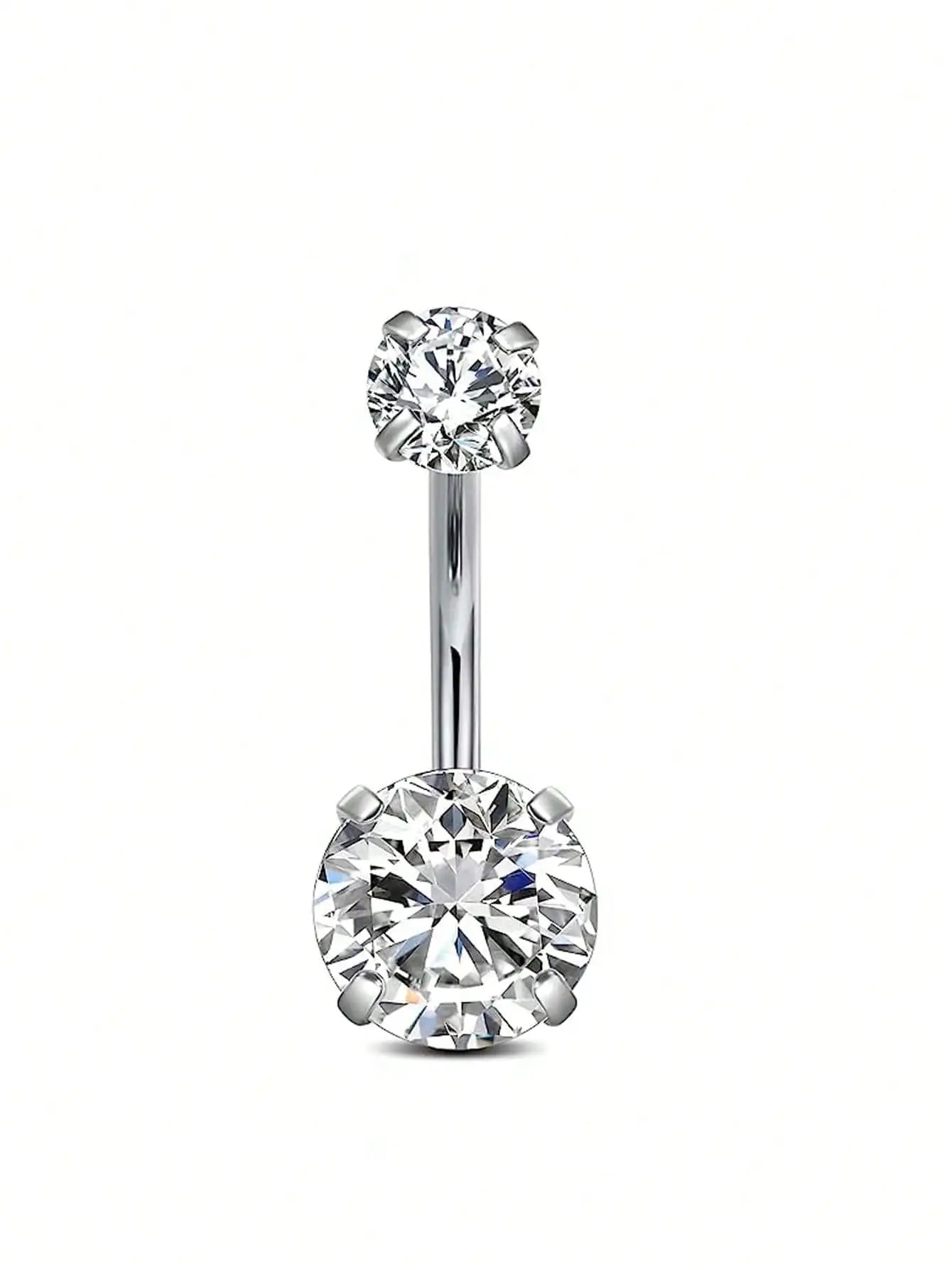 Silver Round 4-Prong Cubic Zirconia Navel Ring, 5*8mm CZ Inlaid Belly Piercing Jewelry close-up view