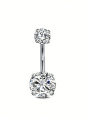 Silver Round 4-Prong Cubic Zirconia Navel Ring, 5*8mm CZ Inlaid Belly Piercing Jewelry close-up view