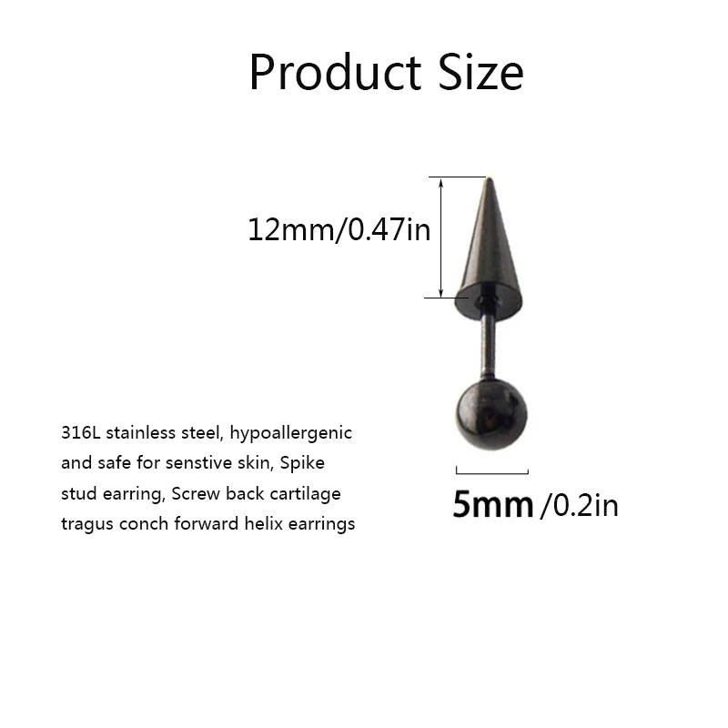 1Pair 16G 316L Stainless Steel Spike Stud Earrings, Screw Back Cartilage Tragus Conch He detail view