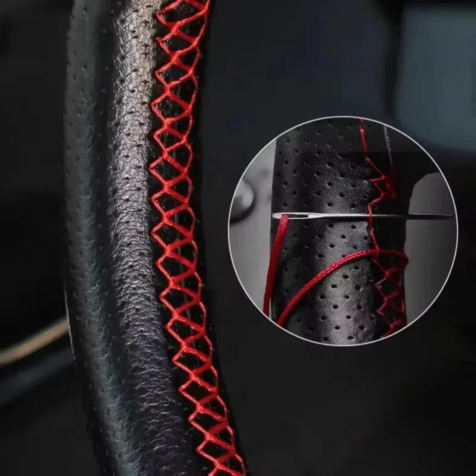 Leather Steering Wheel Cover with Needle Braid for 14-16 Inch Wheels