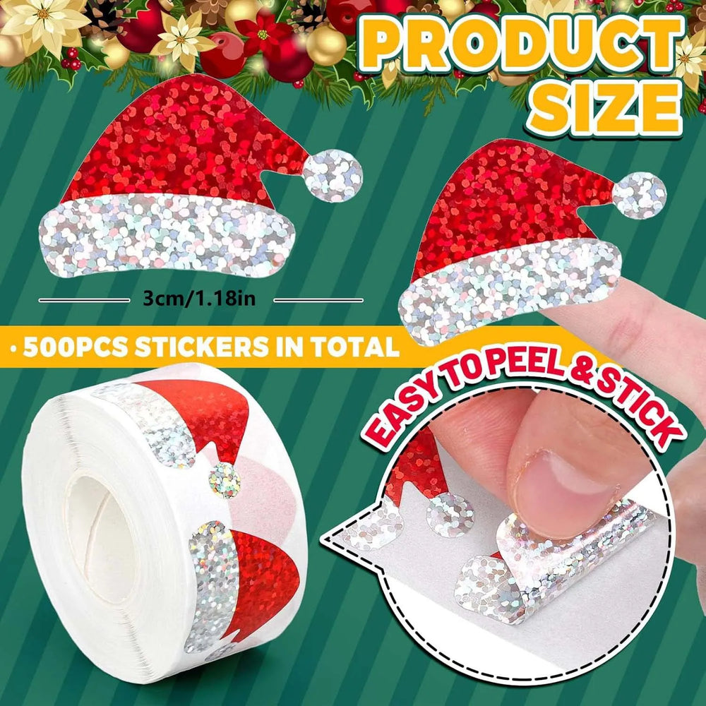 500Pcs Christmas Hat Stickers Roll | Laser Red Santa Hat Seal Stickers for Envelopes alternate view