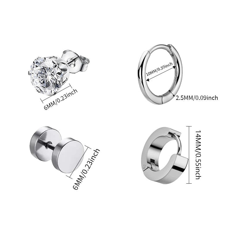 Punk Stainless Steel Stud Earrings Set | Unisex Gothic Hip Hop Ear Piercing Jewelry additional angle