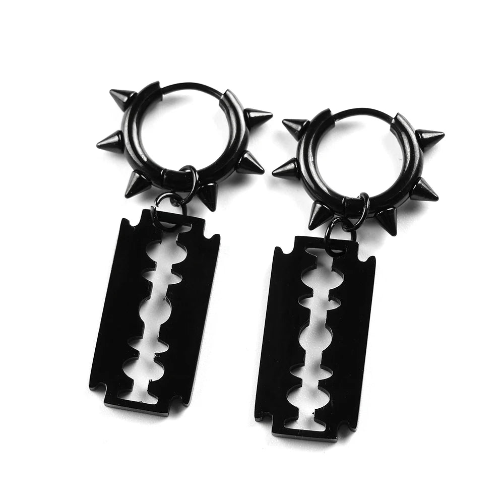 Gothic Punk Spike Rivet Razor Blade Hoop Earrings for Women Men Black Silver Color St lifestyle view