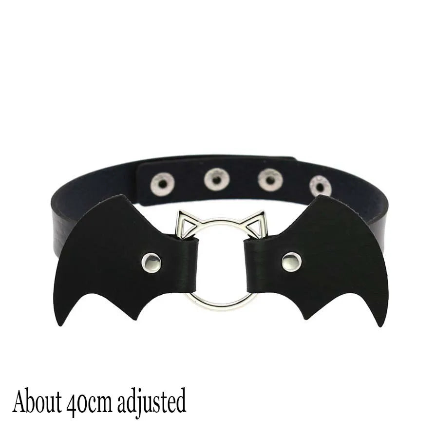 Gothic Bat Heart Lock Punk Choker | Black Leather Collar Necklace alternate view