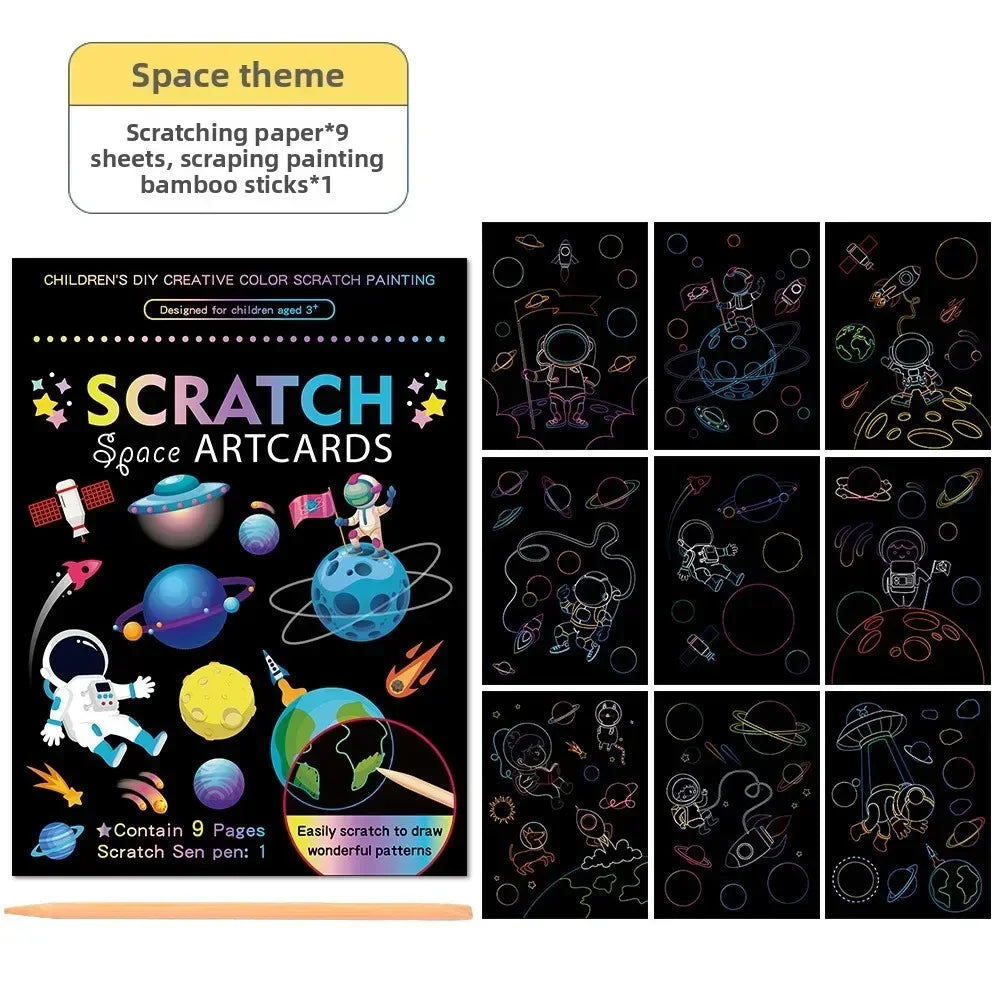9Pcs/set Magic Rainbow Color Scratch Art Painting Paper Card Kit Cartoon Animal Drawing detail view