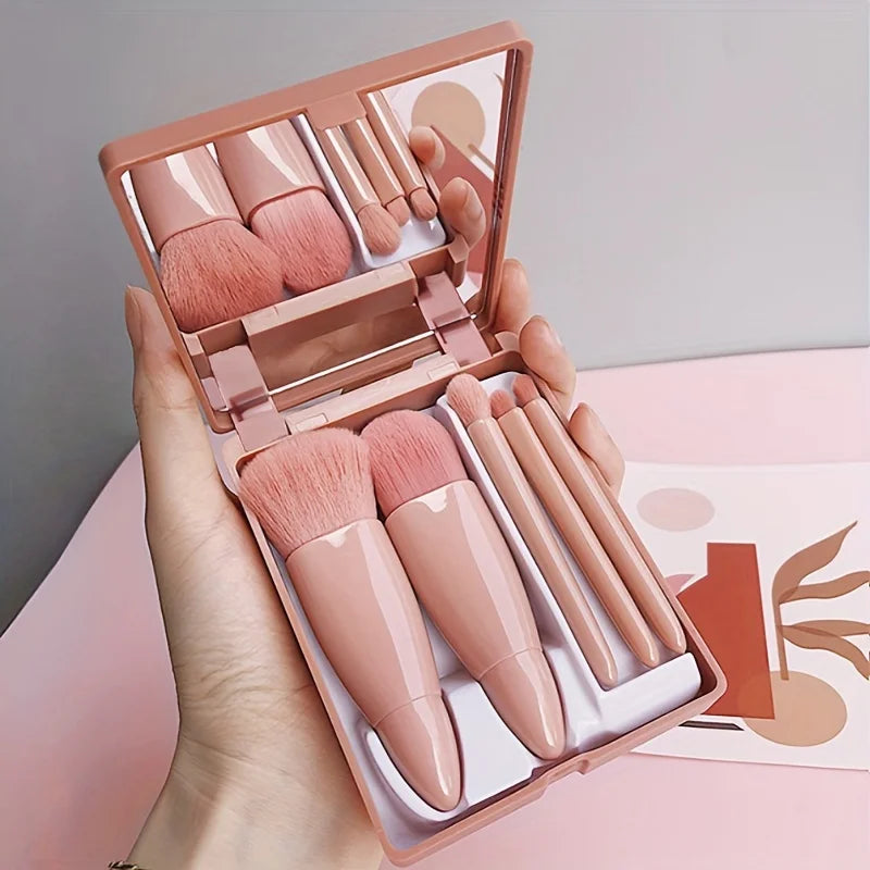 5Pcs Portable Makeup Brush Set With Mirror - Foldable Travel Kit ，Mini Makeup Brush Set Travel Makeu