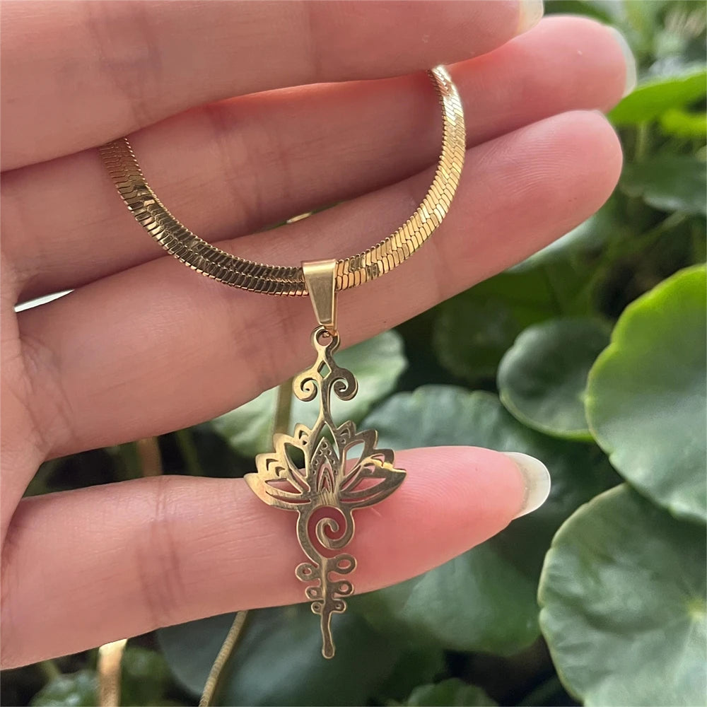 Stainless Steel Unalome Pendant Necklace | Yoga Jewelry with Lotus Flower alternate view