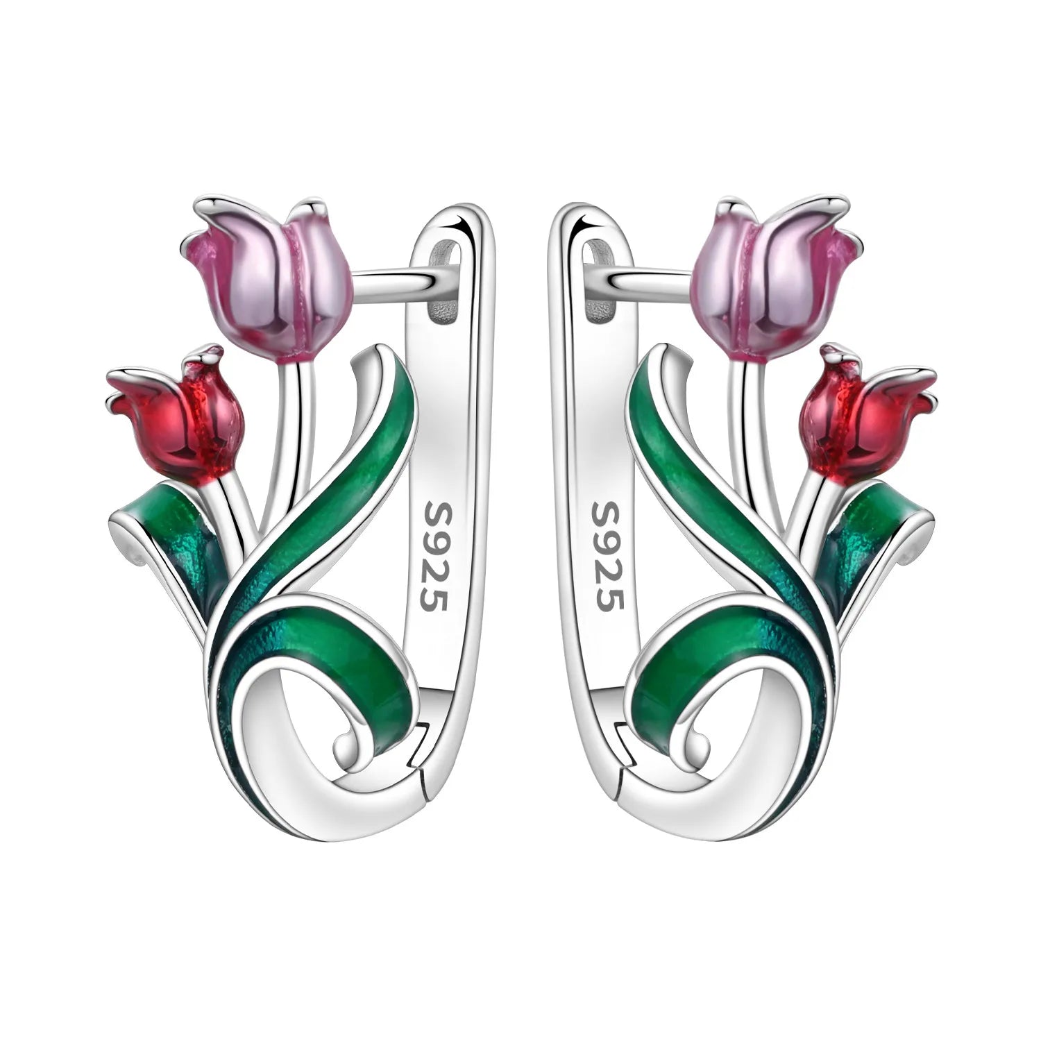 925 Sterling Silver Purple Flowers Plants Leaf Series Blue Iris Flower Earring Hoop additional angle