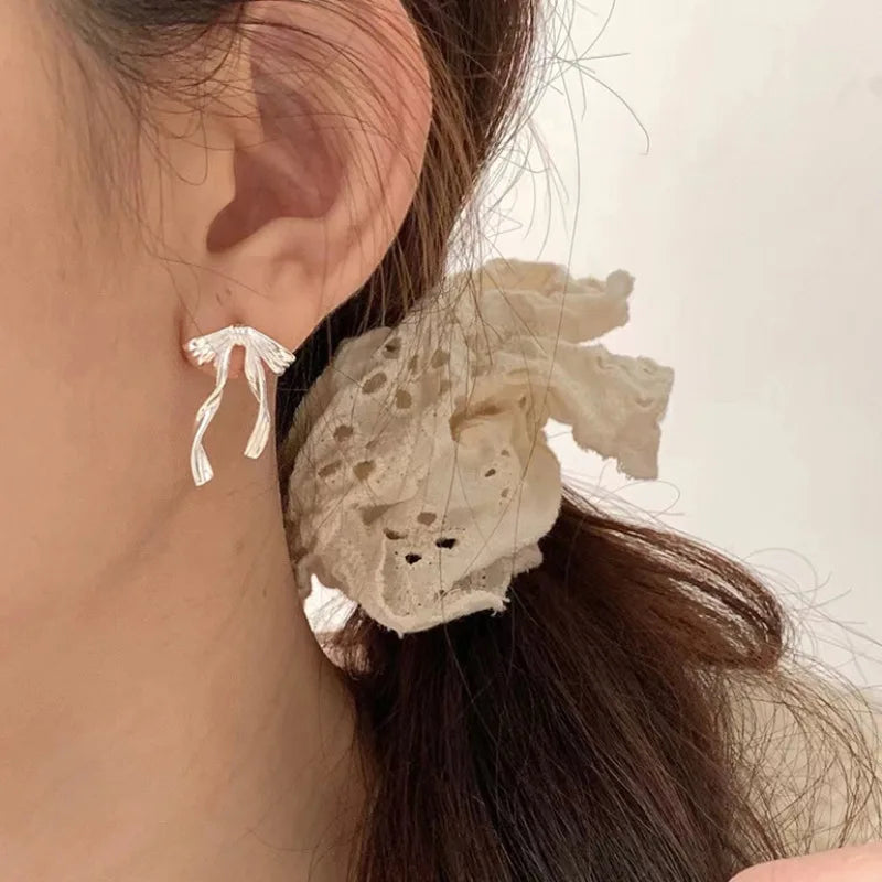 PANJBJ 925 Sterling Silver Bow Knot Earring for Women Texture Tassels Sweet Romantic Kor detail view