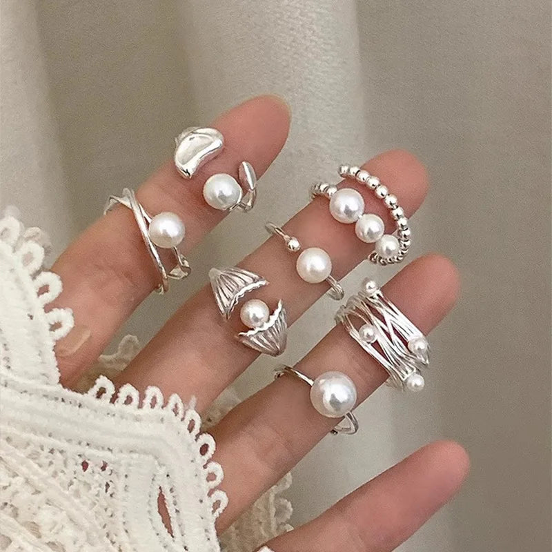 PANJBJ 925 Sterling Silver Pearl Irregular Ring for Women Shell Overlapping Hollow Sweet Design Jewe