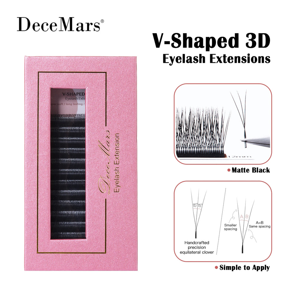 DeceMars V-shaped 3D 4D 5D 6D Eyelash Extensions | Matte Black 12 Rows Tray close-up view