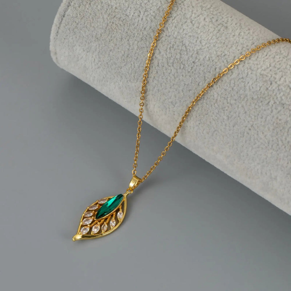Simple Palm Leaf Necklace with Cubic Zirconia Pendant | Elegant Fashion Jewelry detail view