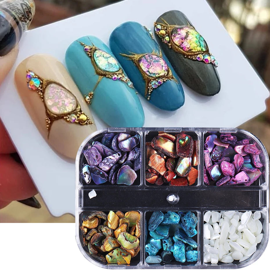 6 Grids Abalone Shell Flakes Nail Art Decoration 3D Charms Irregular Seashell Fragment Aurora Slices
