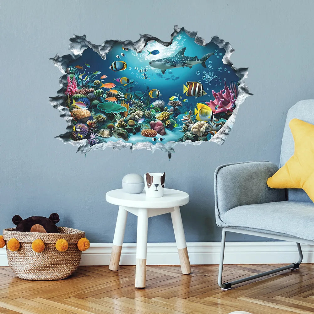 3D Shark Wall Stickers for Kids Room | Ocean Aquarium Broken Wall Decals alternate view