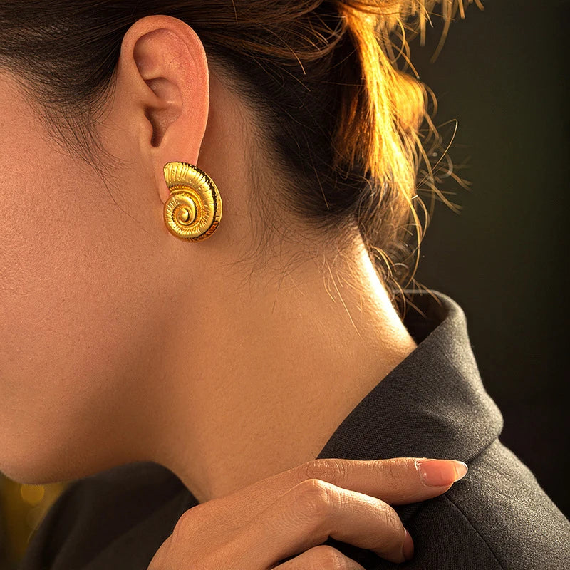 Vintage Gold Snail Shell Drop Earrings | CZ Zircon Beach Jewelry for Women detail view