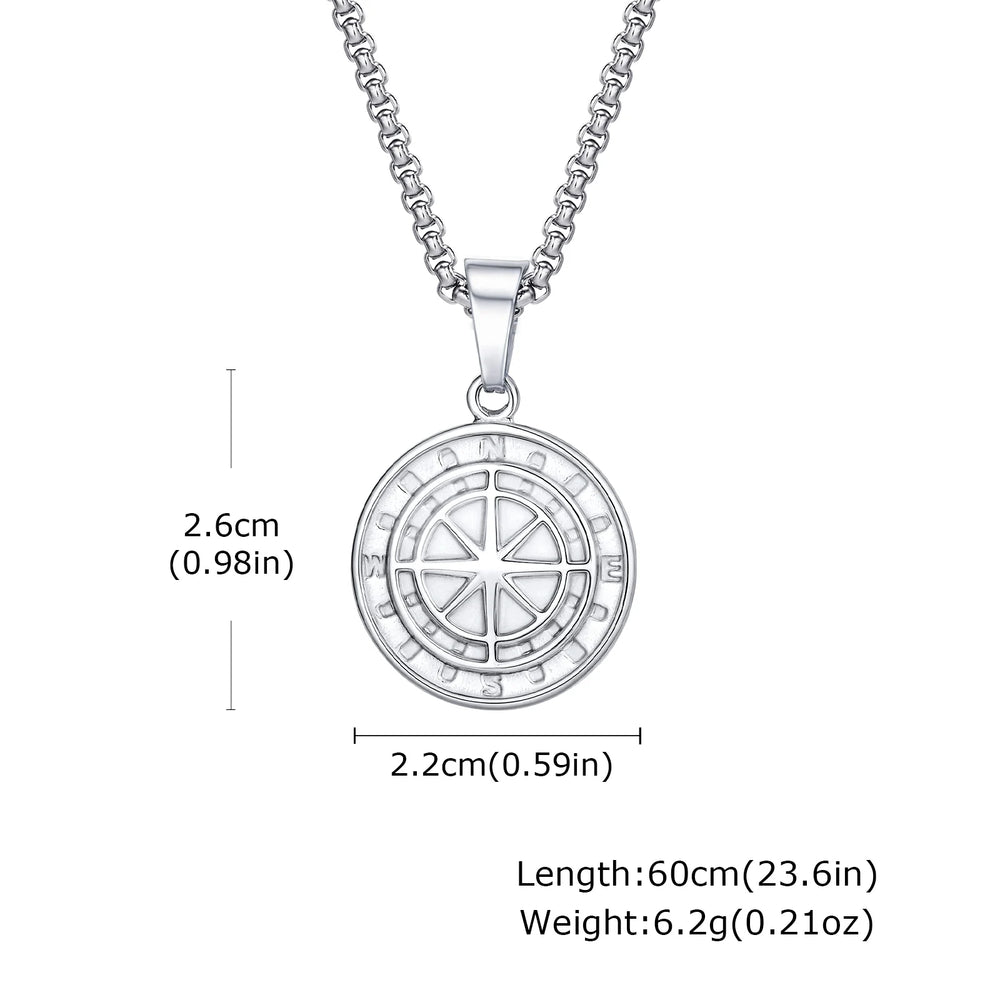 Men's Silver Color Geometric Pendant Necklace, Non Fading Stainless Steel Compass Neck close-up view