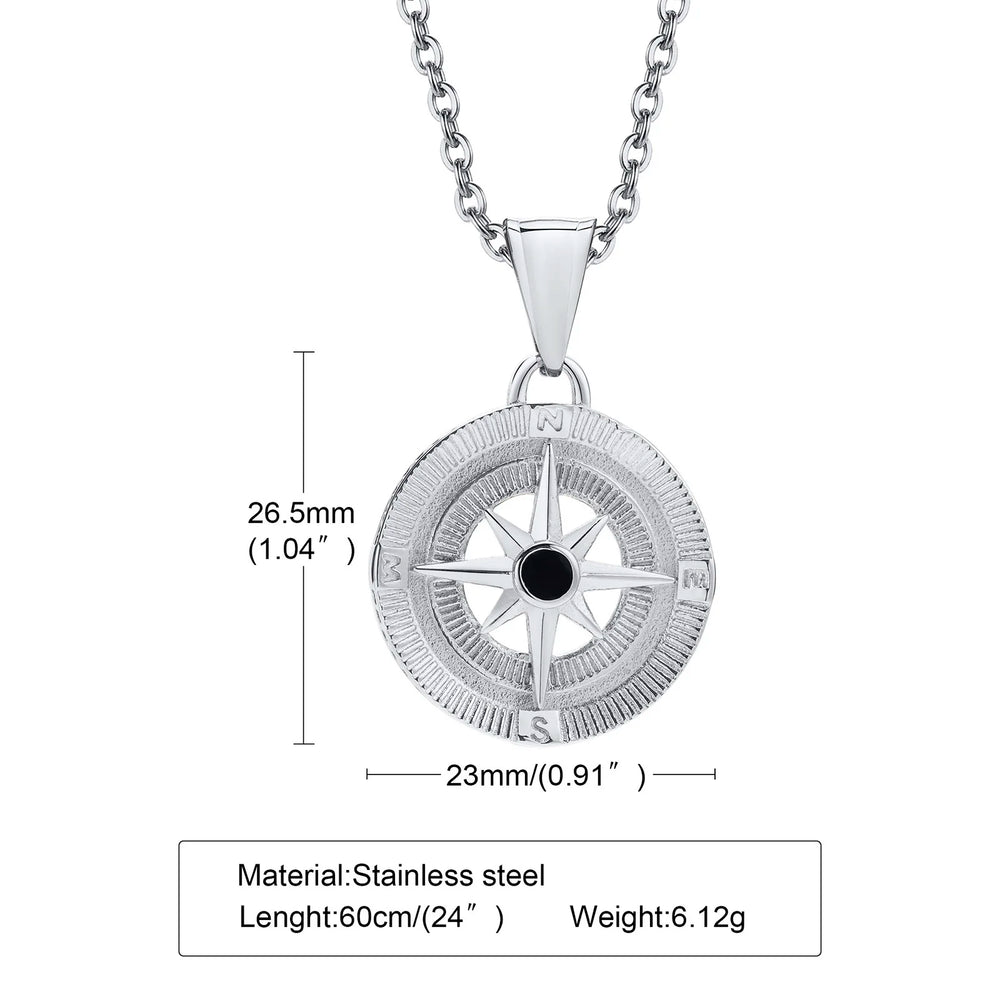 Vintage Compass Pendant Necklace | Stainless Steel Coin Necklace for Men additional angle