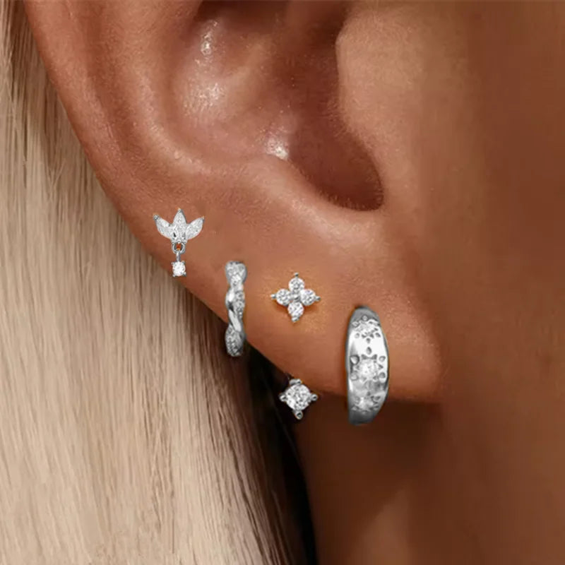 4PCS Fashion Stainless Steel Zirconia Star Huggie Hoop Earrings Set for Women Curio additional angle