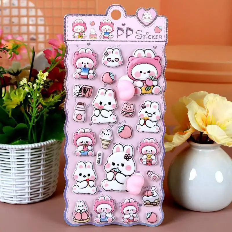 3D Cartoon Stress Relief Stickers | Soft PP Rabbit Bear Dog Decor close-up view