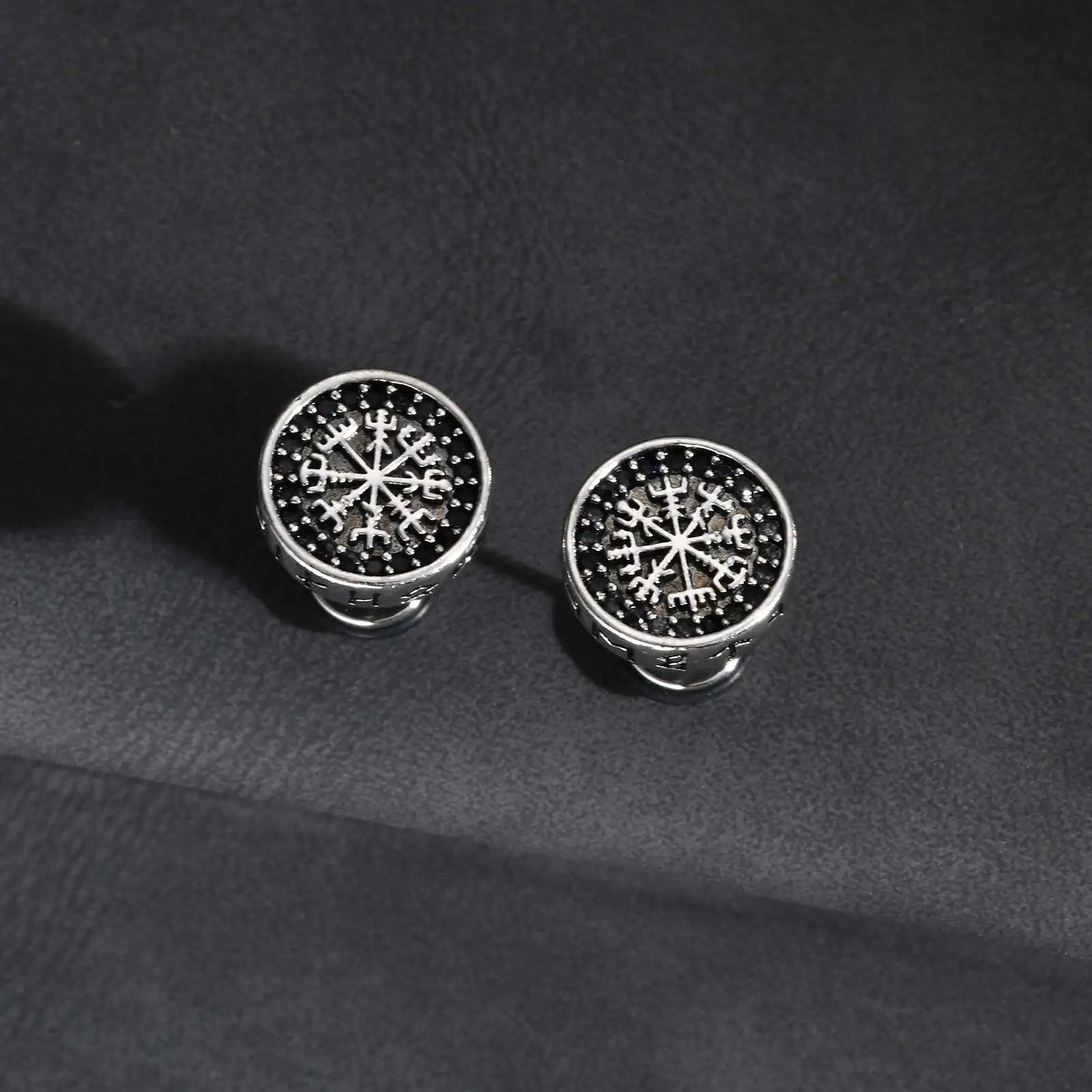 Vintage Gothic Norse Viking Stud Earrings for Men Boys, Rock Punk Runes Round Earring alternate view