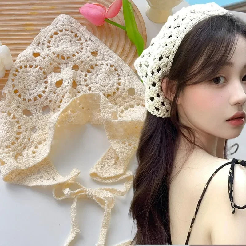 Lace Hollow Out Triangle Hair Scarf Headband Women Girls Cotton Knitted Flower Head additional angle