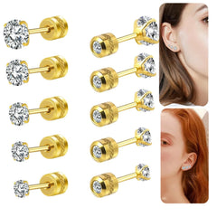 6 Pairs Screw Back Stud Earrings Set | Surgical Stainless Steel Double Sided Round CZ Earrings for W