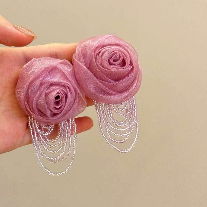 Fairy Mesh Rose Drop Earrings | Handmade Boho Tassel Jewelry detail view