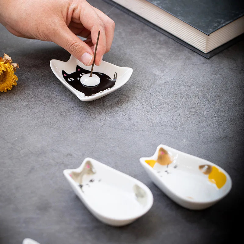Japanese Ceramic Cat Incense Tray and Sauce Dish | Cute Animal Seasoning Plate for Ki lifestyle view