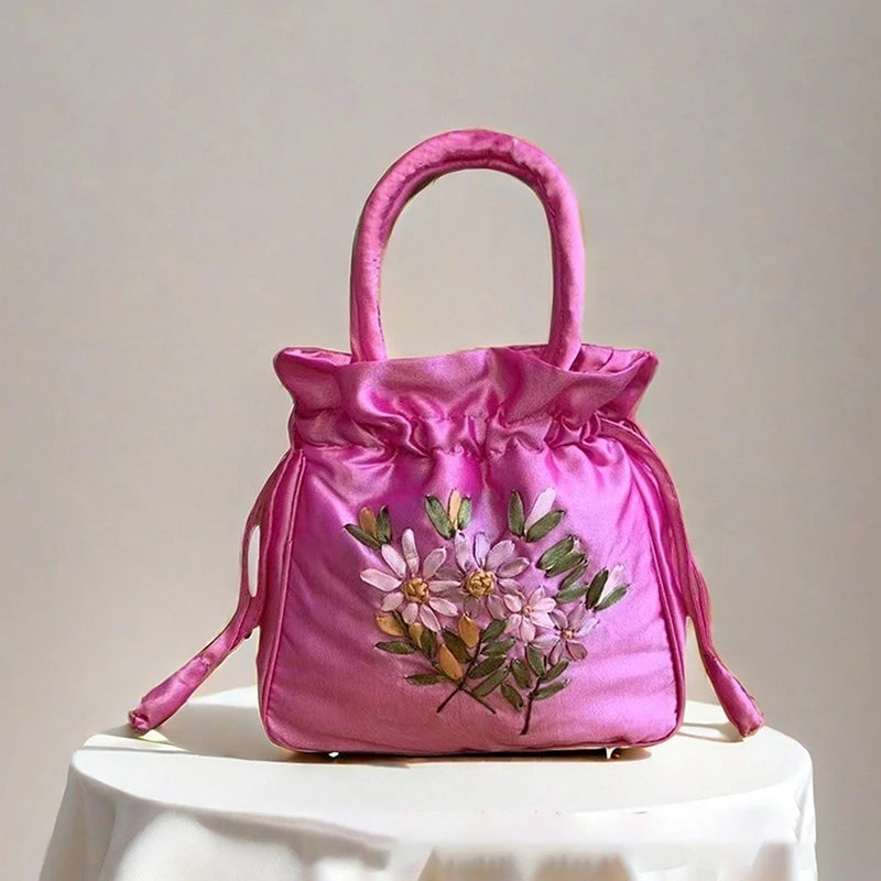 Small Embroidered Flower Bucket Bag | Women's Top Handle Drawstring Purse close-up view