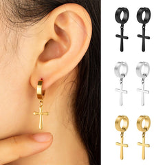 Punk Cross Stars Clip On Earrings | No Piercing Stainless Steel Ear Cuffs for Women Me close-up view