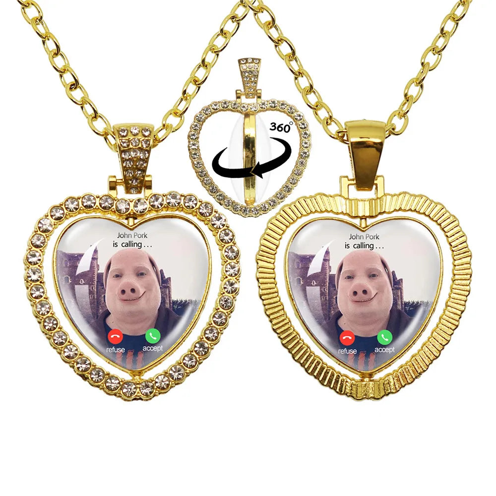 John Pork is Calling Answer Call Phone Humor Funny Pig Lover Graphic Glass Cabochon Heart-Shape Pendant Necklace Jewelry Gift