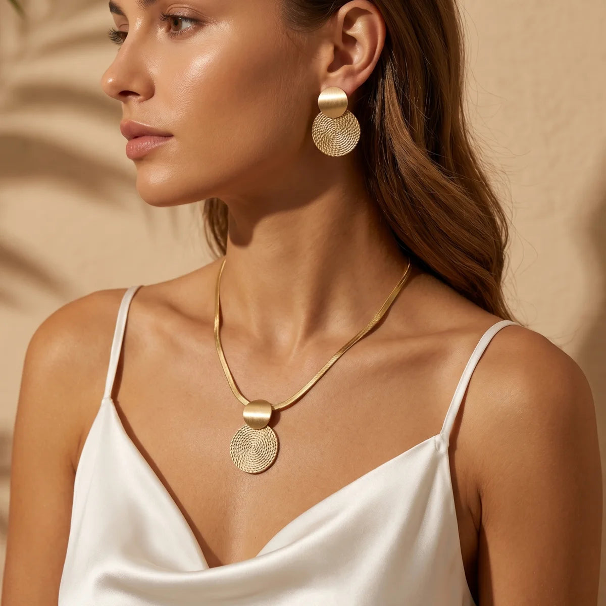Minimalist Gold Color Herringbone Choker & Earring Set Brushed Textured Double Disc Jewelry Set For