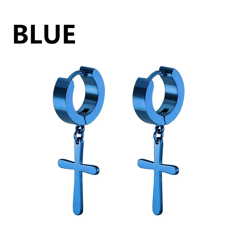 2pc Stainless Steel Men Cross Stars Punk Dangle Earrings Gothic Woman Cross Ear Hoop alternate view
