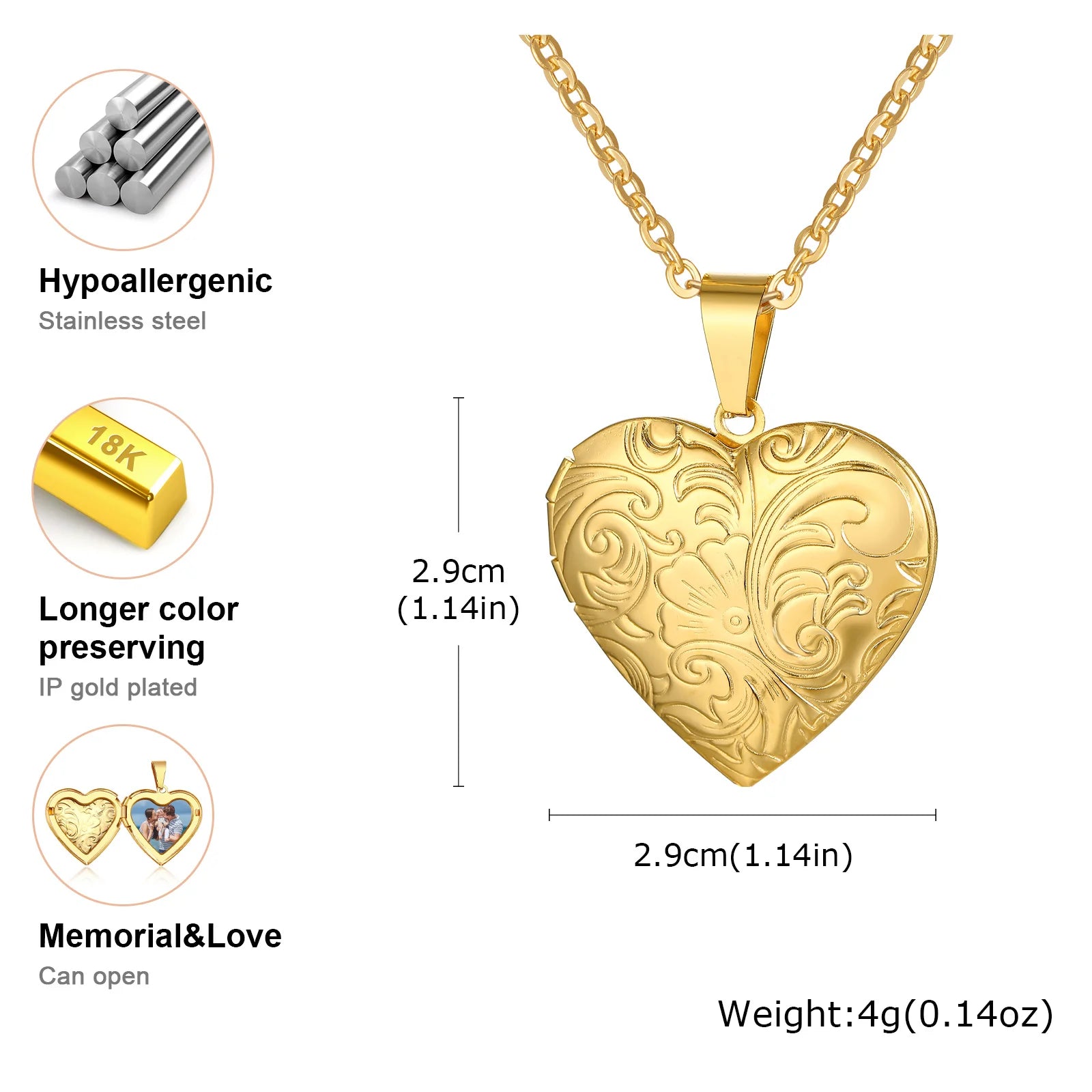 Vnox Light Heart Locket Pendants for Women Men Openable Photo Frame Glossy Stainless S close-up view