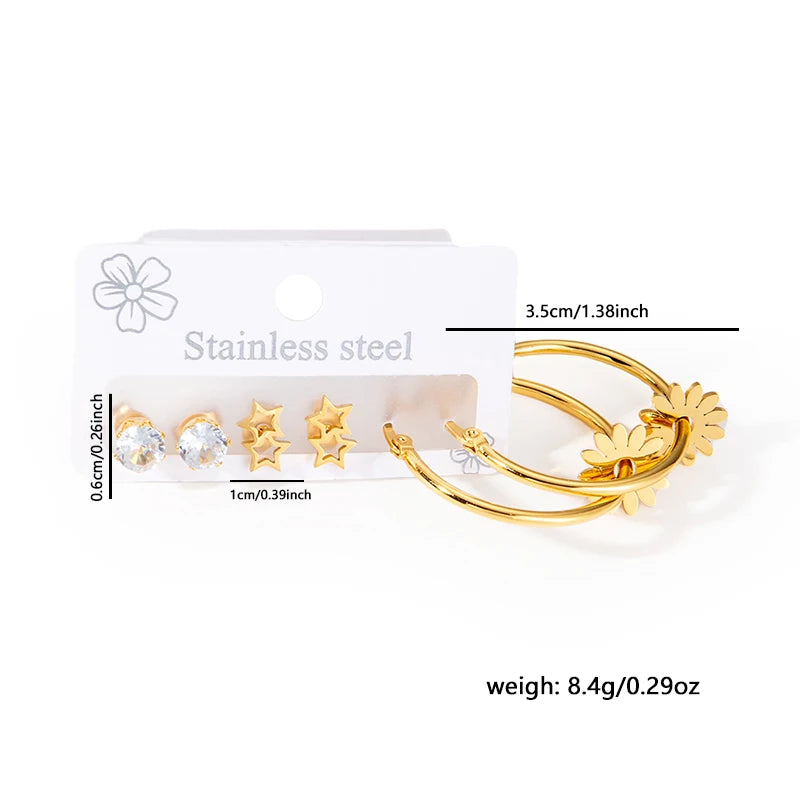 316L Stainless Steel 6 Piece Earring Set | Circle Heart Star Flower Pendant Earrings alternate view