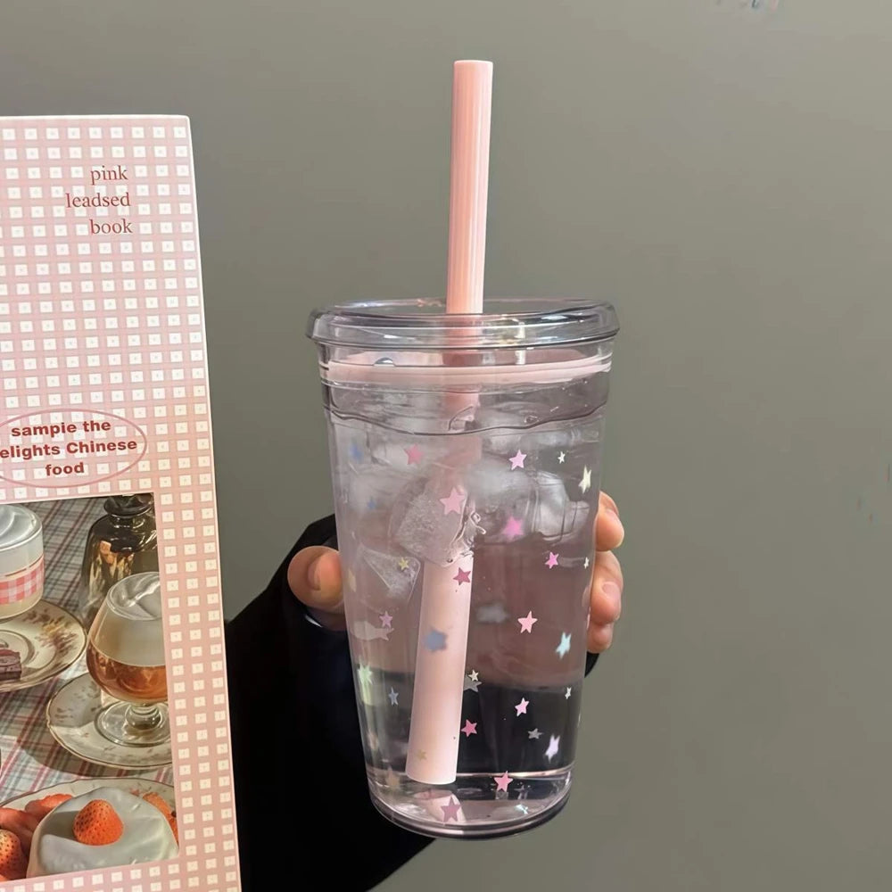 Star Korean Style 450ML Summer High-value Milk Straw Plastic Cup Transparent Multi-color Thickened C