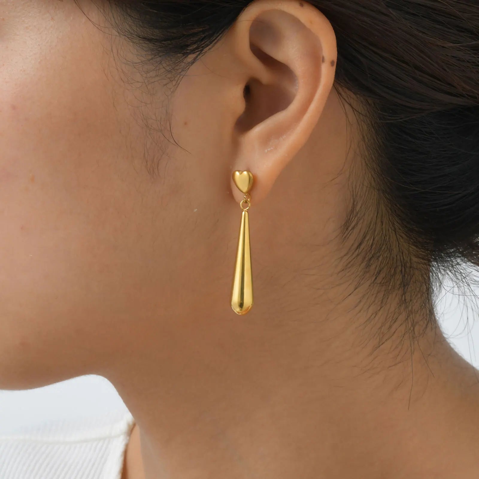 Vnox Sweet Heart Long Tear Drop Earrings | Stainless Steel Water Droplet Piercing Jewelr detail view