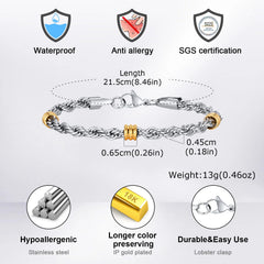 Vnox Men's Stainless Steel Rope Chain Bracelet with Tube Charms | Trendy Cuban Link Wr close-up view