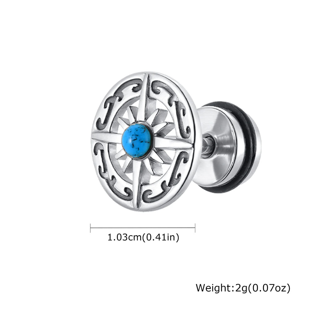 Vintage Gothic Norse Viking Stud Earrings for Men Boys, Rock Punk Runes Round Earrings, detail view