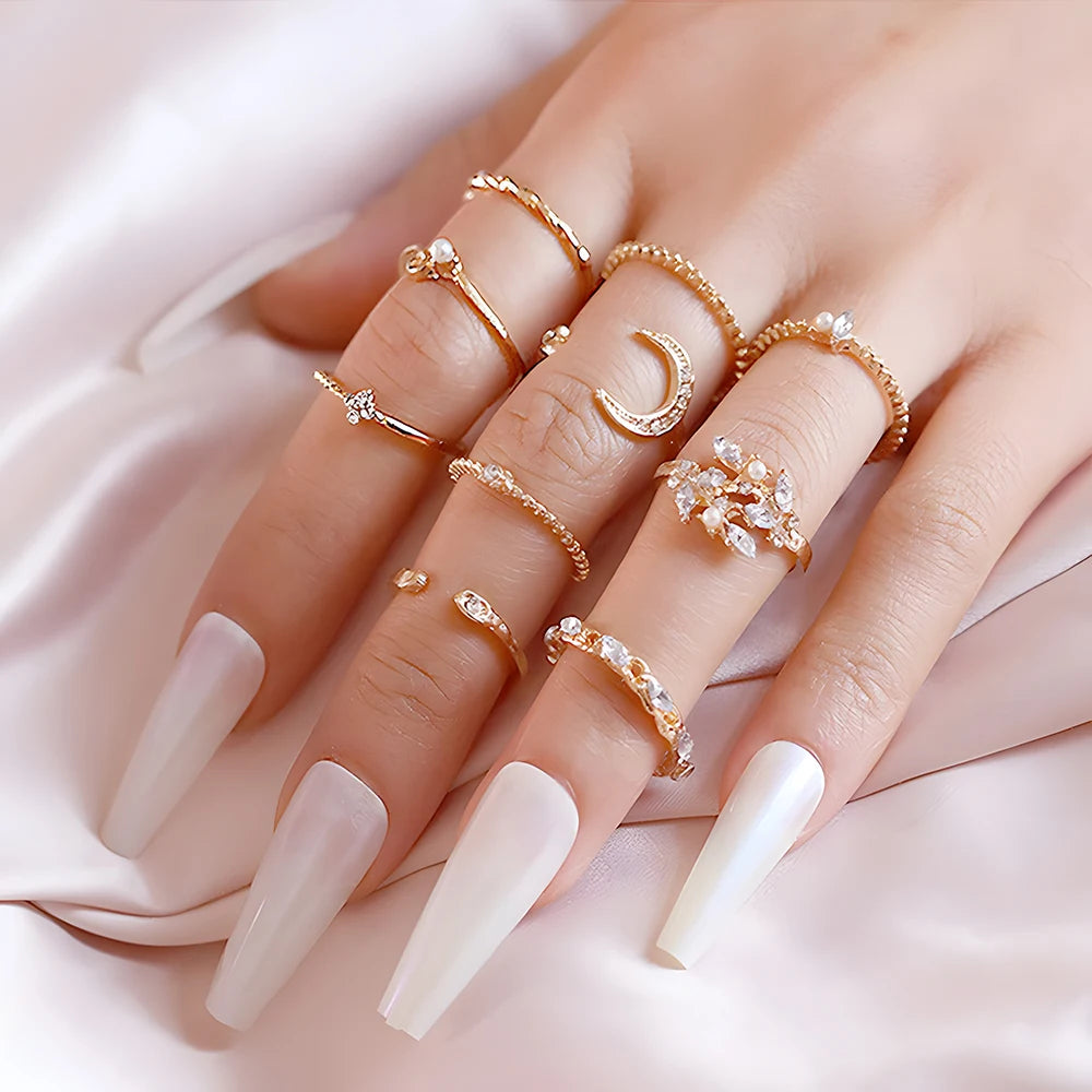 10Pcs Rings Suit For Women Gold-color Chain Ring Set Bohemian Style Coin Snake Moon S alternate view
