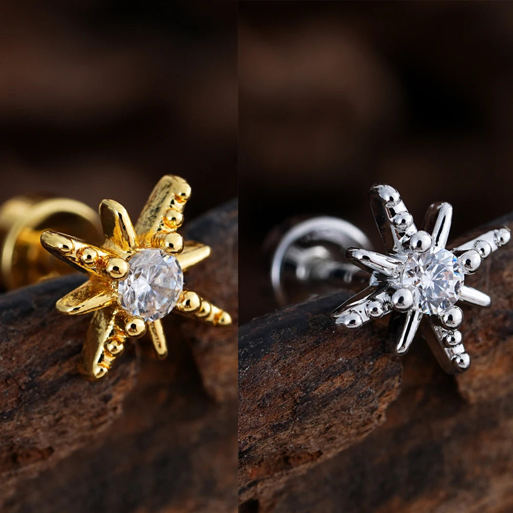 1pcs Crystals Zircon Ear Studs Smiling Crown Star-Style Earring Piercing Oreja Stainless Helix Cartilage Tragus Lobe Piercing