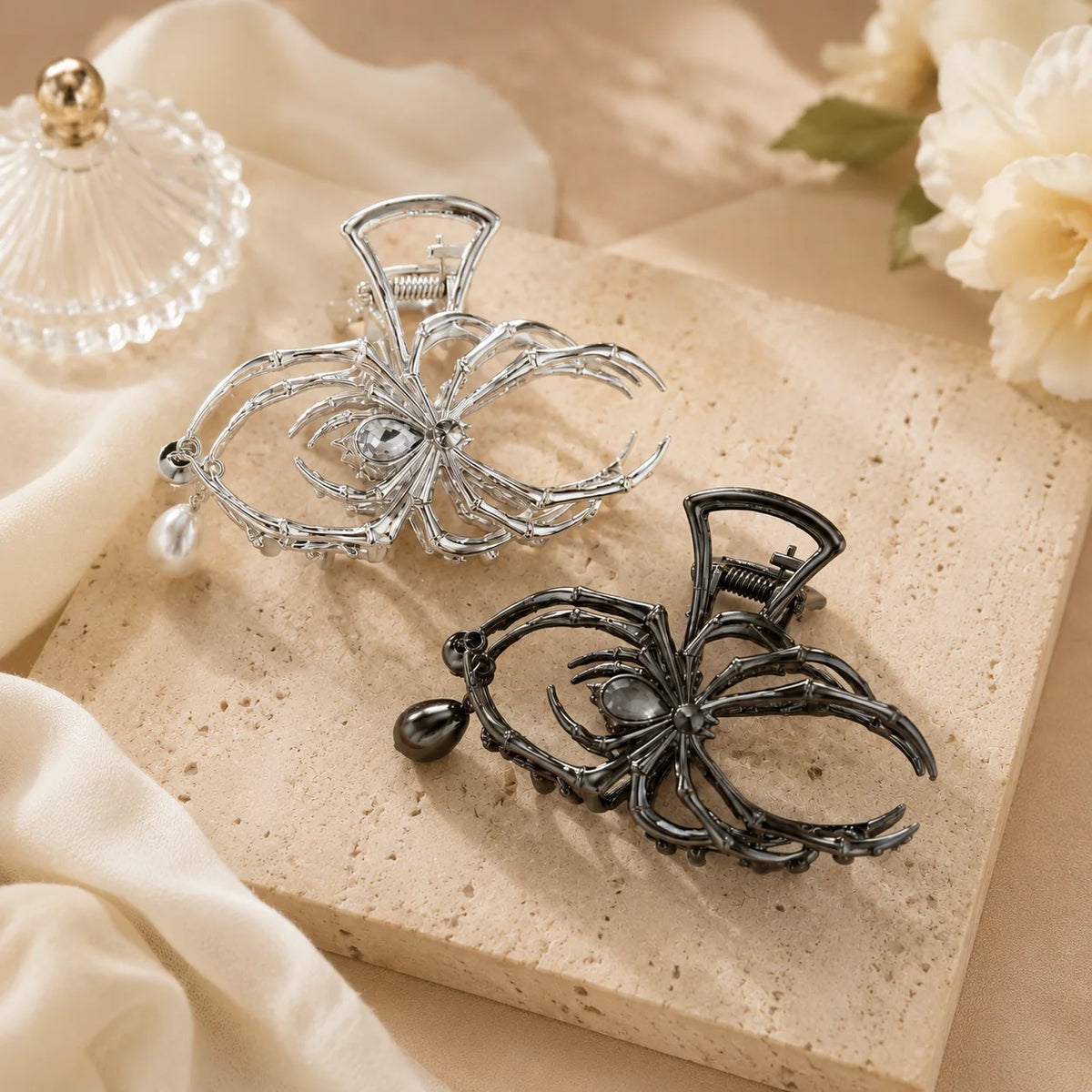 Spider Hair Clip Women Pearl Pendant Rhinestone Hair Claw
